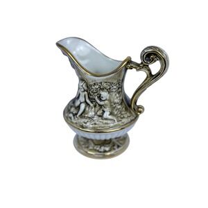 Vintage Cherub Scene Ceramic Pitcher Gold Trim Ornate Handle Collectible Decor